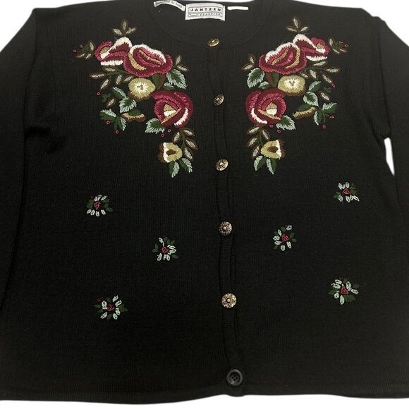 Vintage Wool Cardigan Black Floral Embroidered Sweater 90s Cottagecore Academia - Picture 2 of 5